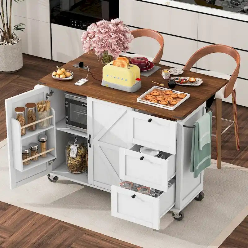 Isola da Cucina da 54,5" con Presa di Corrente, Piano a Ribalta e Contenitore