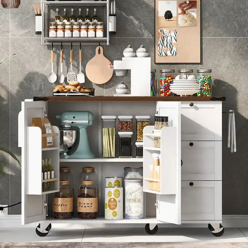 Isola da Cucina da 54,5" con Presa di Corrente, Piano a Ribalta e Contenitore