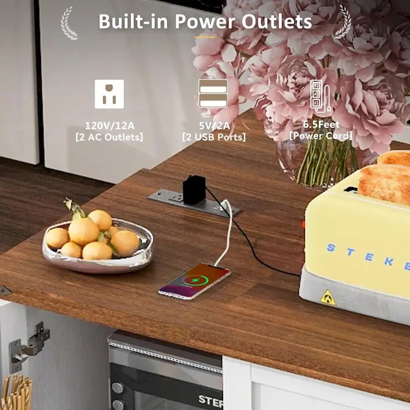 Isola da Cucina da 54,5" con Presa di Corrente, Piano a Ribalta e Contenitore